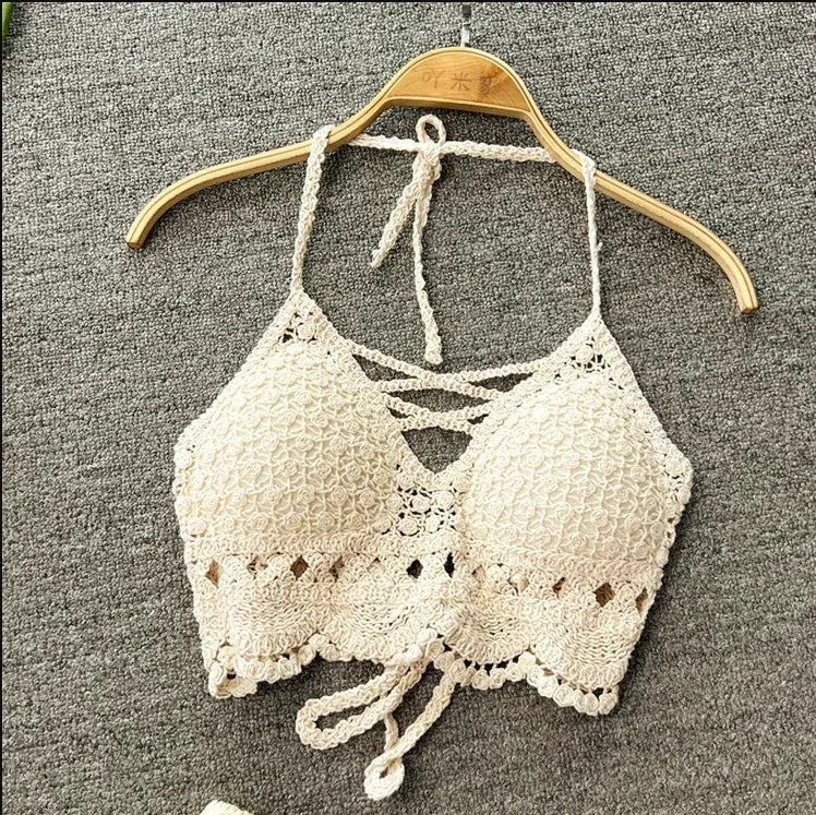 2025 Retro Tassel Spaghetti Strap Crop Top with Built - In Bra - Lia_Store