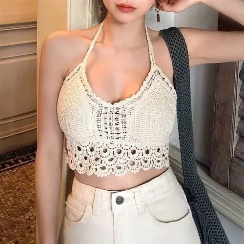 2025 Retro Tassel Spaghetti Strap Crop Top with Built - In Bra - Lia_Store