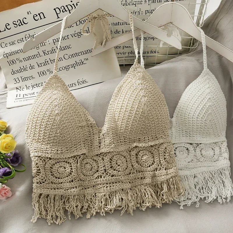 2025 Retro Tassel Spaghetti Strap Crop Top with Built - In Bra - Lia_Store