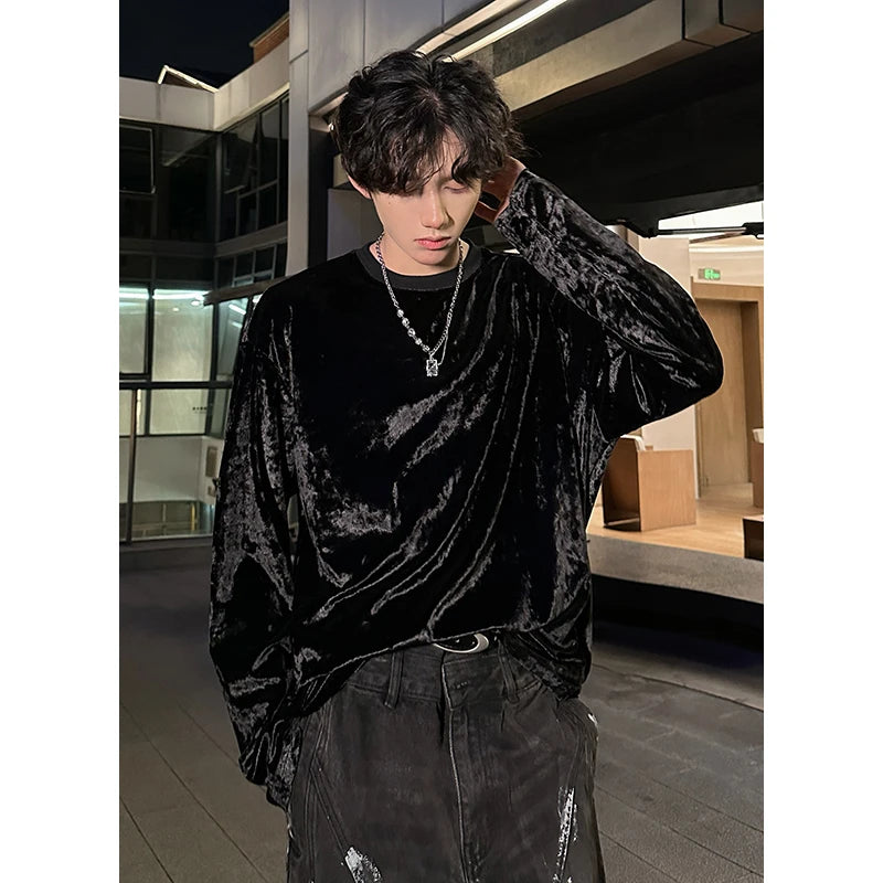 Men’s Vintage Velvet Long Sleeve T-Shirt – Crew Neck Hip Hop Streetwear