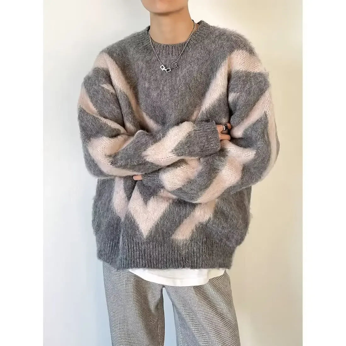 Unisex Color Block Knit Sweater – Thick Loose-Fit Autumn/Winter Pullover
