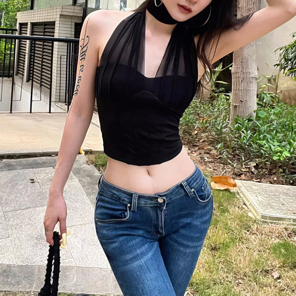 Backless Halter Mesh Crop Top Women Trendy Street Fashion
