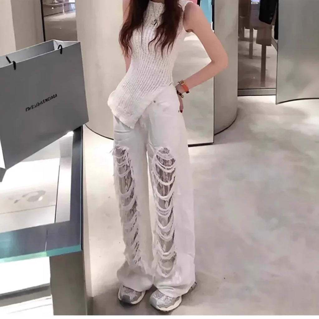 Women’s White Lace Straight-Leg Jeans with Rips