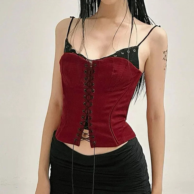 Women’s Gothic Red Bandage Patchwork Camis Top – Y2K Streetwear