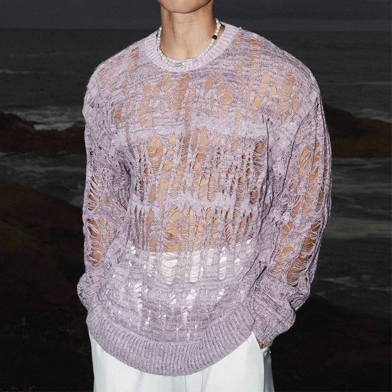 Men’s Vintage Ripped Mesh Knit Top – Spring Streetwear Long Sleeve