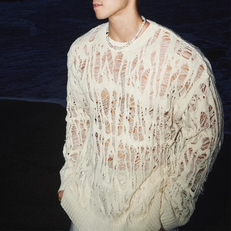 Men’s Vintage Ripped Mesh Knit Top – Spring Streetwear Long Sleeve
