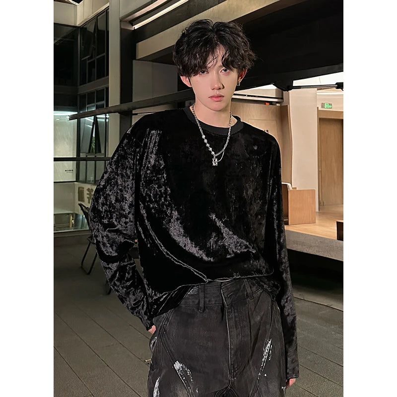 Men’s Vintage Velvet Long Sleeve T-Shirt – Crew Neck Hip Hop Streetwear
