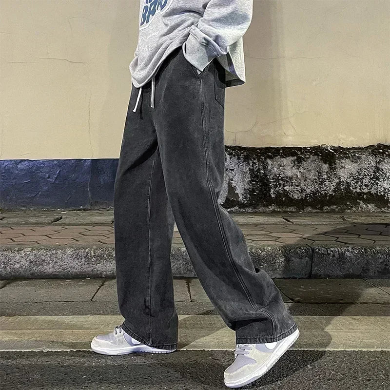 Men’s Loose Straight Jeans – Korean Streetwear Wide-Leg Pants
