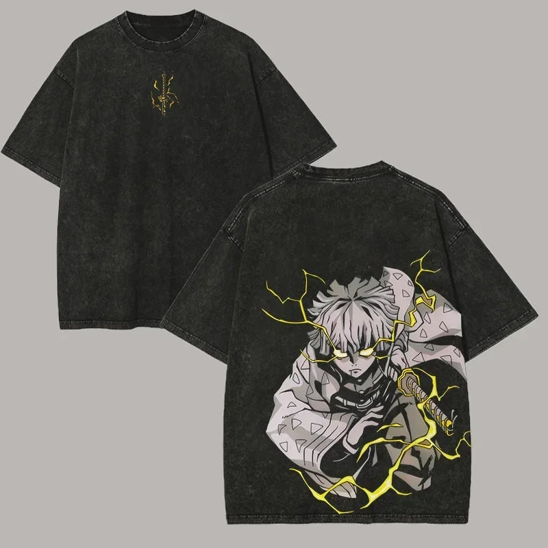 Anime Demon Slayer Zenitsu T-Shirt – Men’s Washed Cotton Harajuku Tee