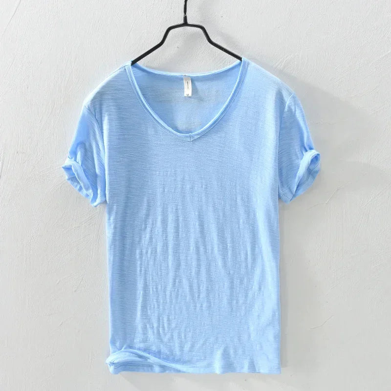 Men’s 100% Cotton V-Neck T-Shirt – Solid Color Casual Short Sleeve