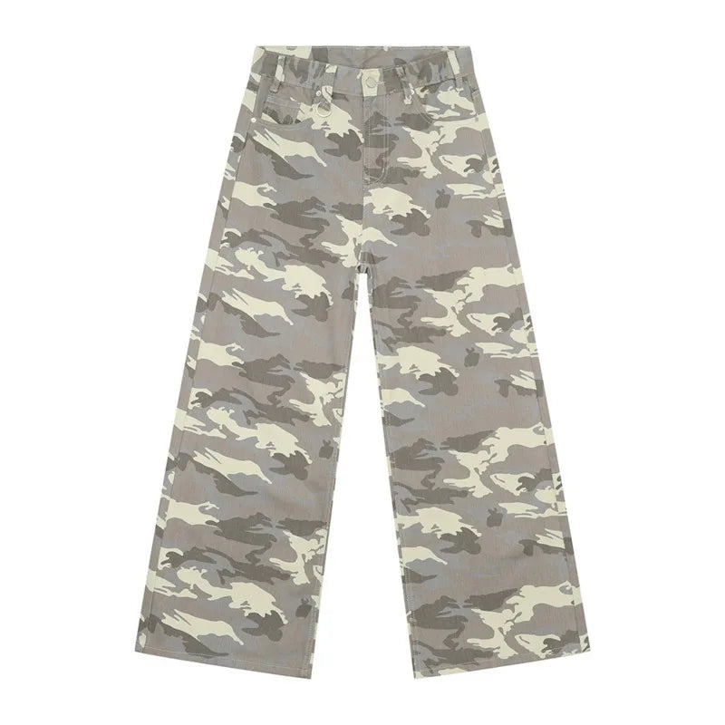 Men’s Vintage Camouflage Wide-Leg Jeans – Washed Loose Denim Pants