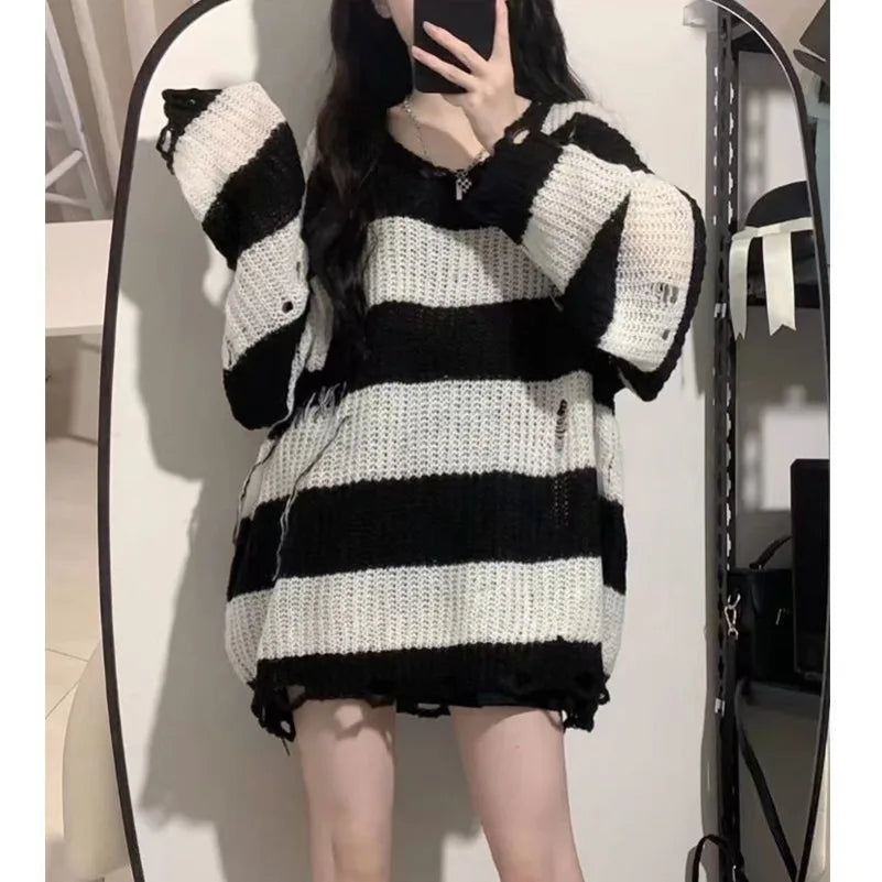 Black Pink Striped Loose Knit Sweater for Women – Spring & Autumn