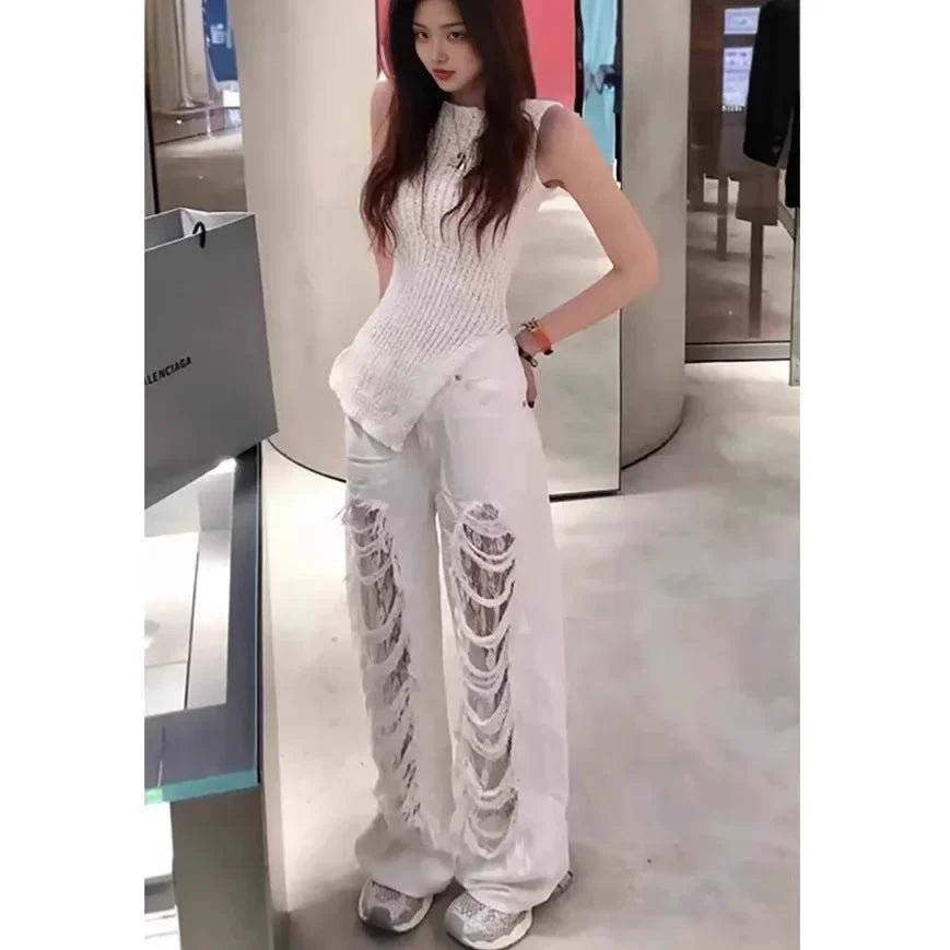 Women’s White Lace Straight-Leg Jeans with Rips