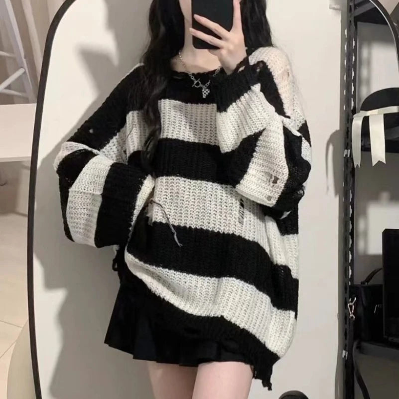 Black Pink Striped Loose Knit Sweater for Women – Spring & Autumn