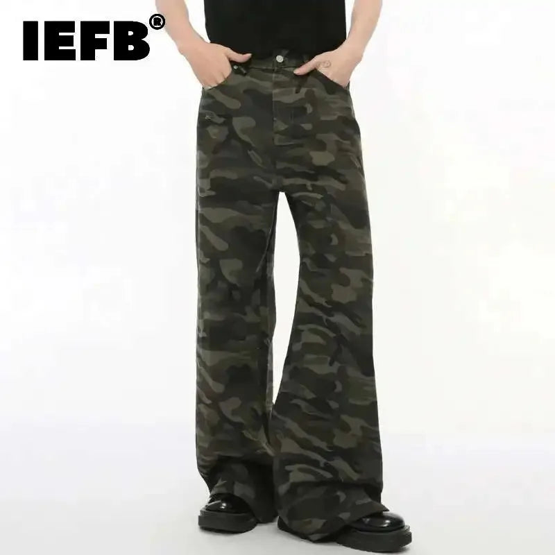 Men’s Vintage Camouflage Wide-Leg Jeans – Washed Loose Denim Pants
