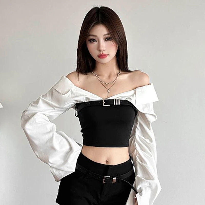 Y2K Off Shoulder Patchwork Crop Top Women Streetwear Long Sleeve