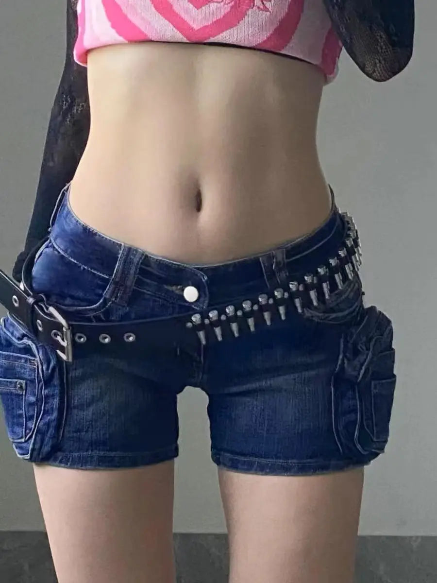 Y2K low-waist wide-leg denim shorts for women