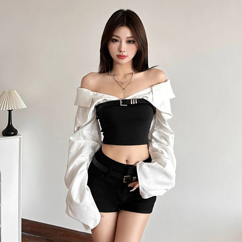 Y2K Off Shoulder Patchwork Crop Top Women Streetwear Long Sleeve