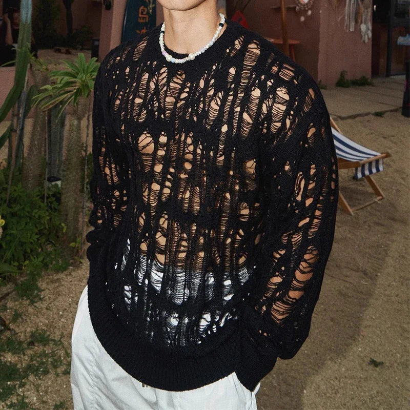 Men’s Vintage Ripped Mesh Knit Top – Spring Streetwear Long Sleeve