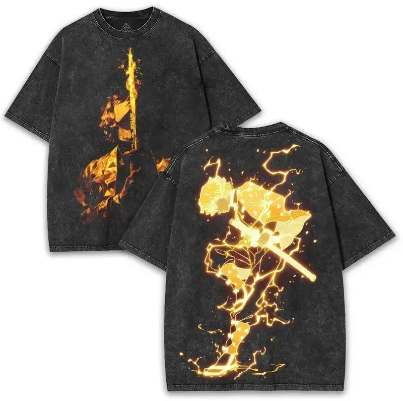 Anime Demon Slayer Zenitsu T-Shirt – Men’s Washed Cotton Harajuku Tee