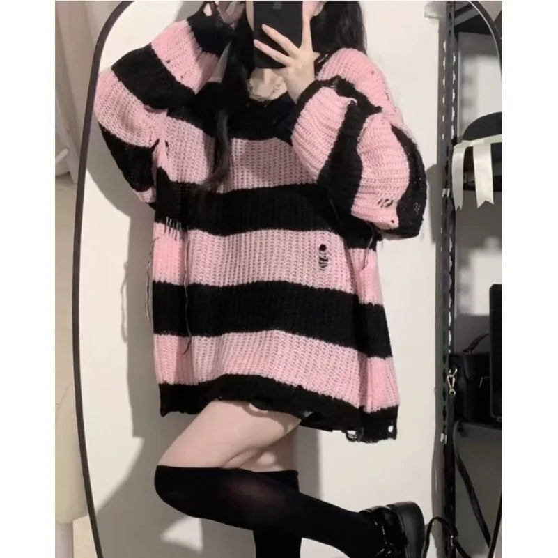 Black Pink Striped Loose Knit Sweater for Women – Spring & Autumn