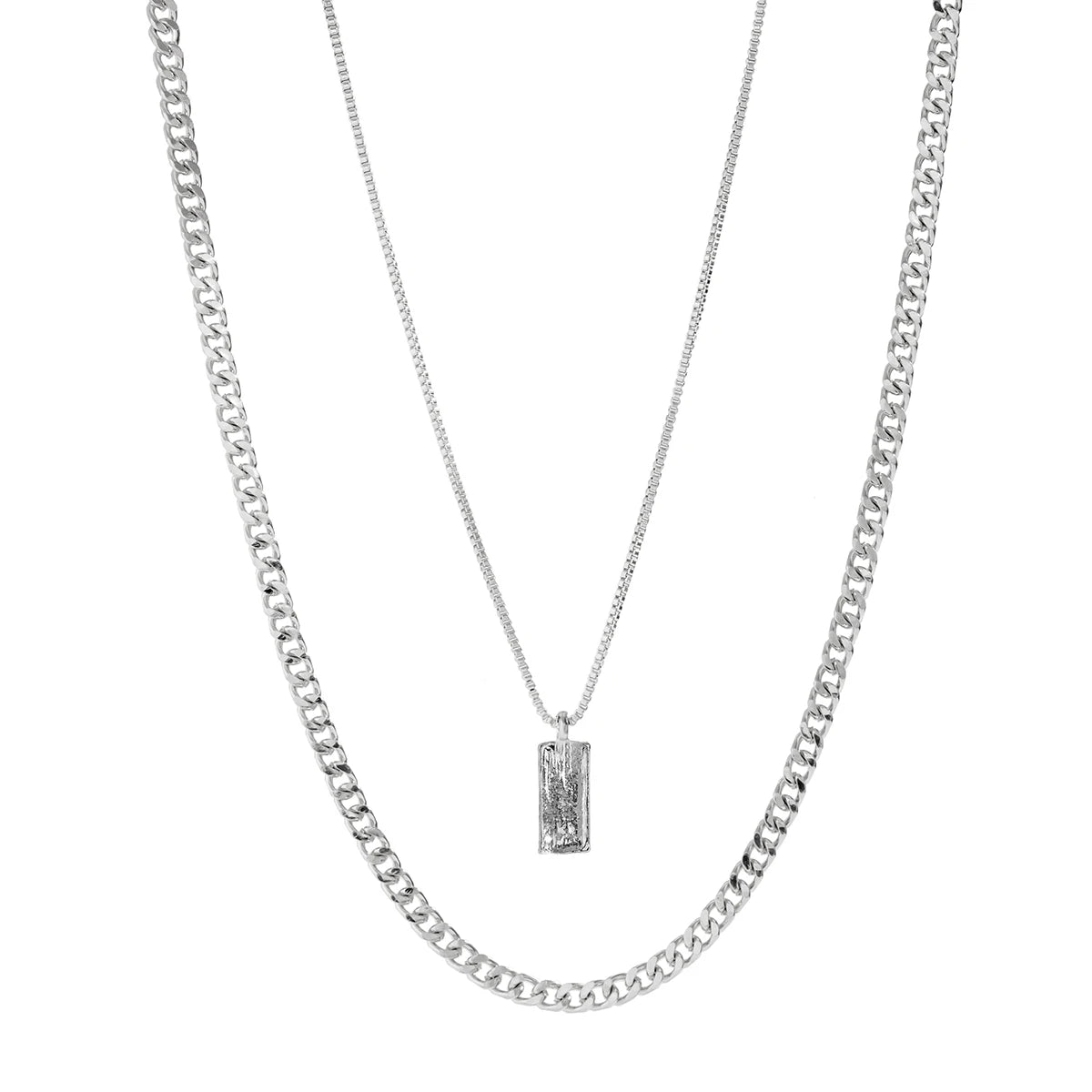Men Silver Box Chain Necklace Set