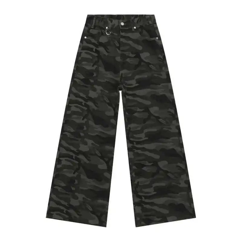 Men’s Vintage Camouflage Wide-Leg Jeans – Washed Loose Denim Pants