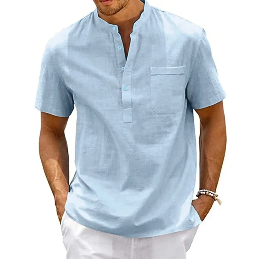 Men Cotton Linen Henley Shirt