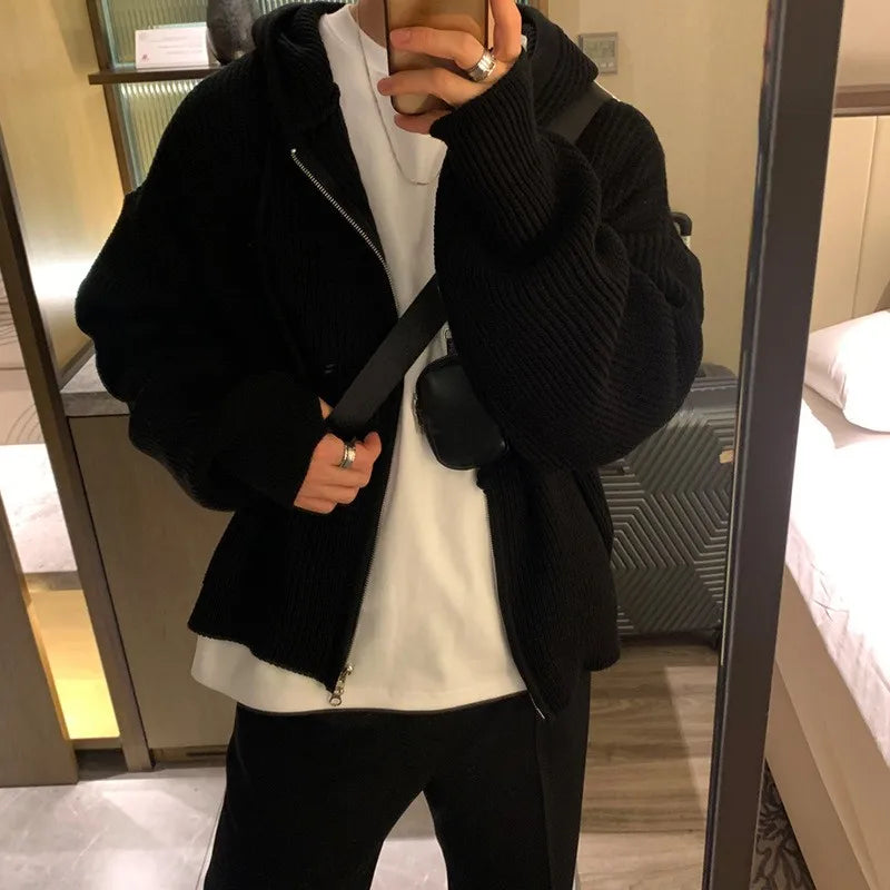 Men’s Knit Hooded Cardigan Sweater – Vintage Loose Fit