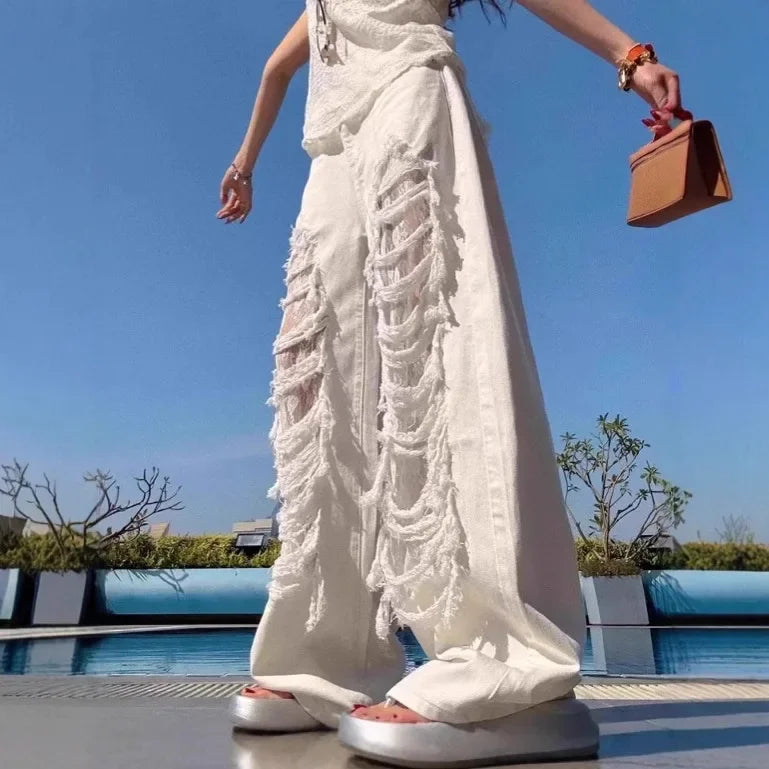 Women’s White Lace Straight-Leg Jeans with Rips