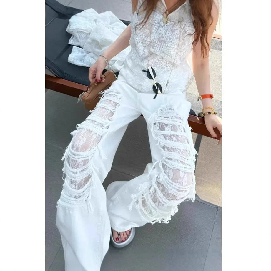 Women’s White Lace Straight-Leg Jeans with Rips