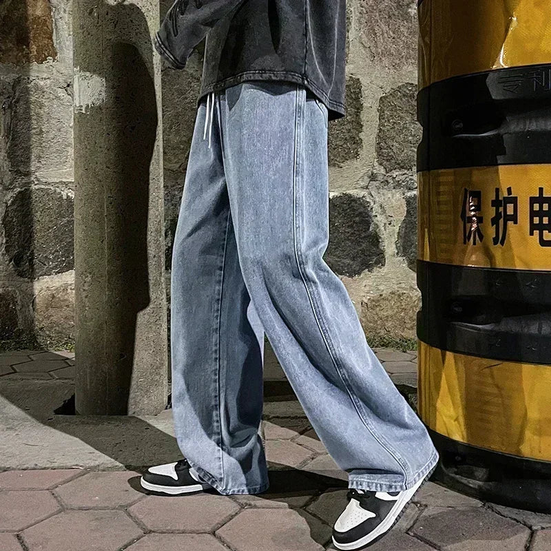 Men’s Loose Straight Jeans – Korean Streetwear Wide-Leg Pants