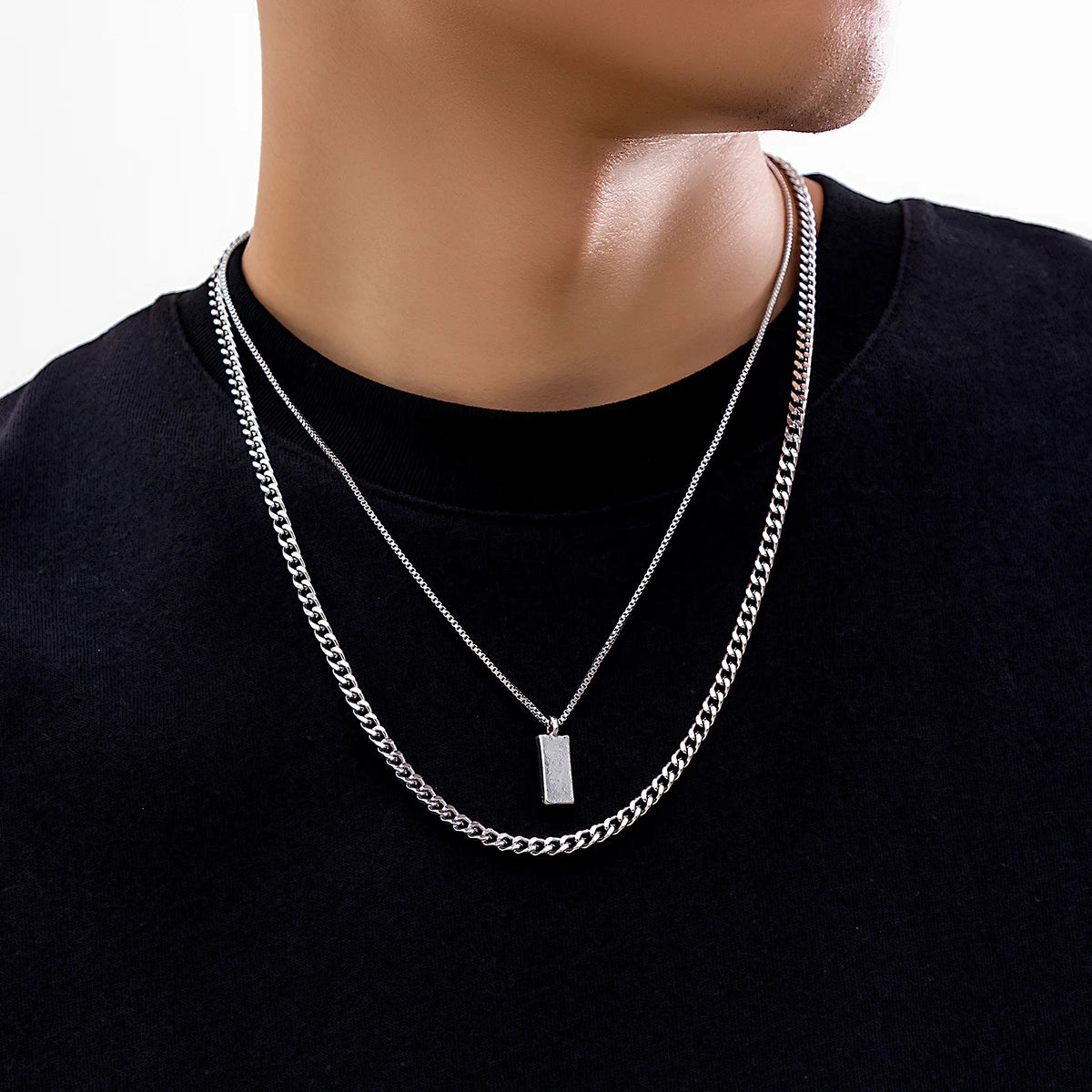 Men Silver Box Chain Necklace Set