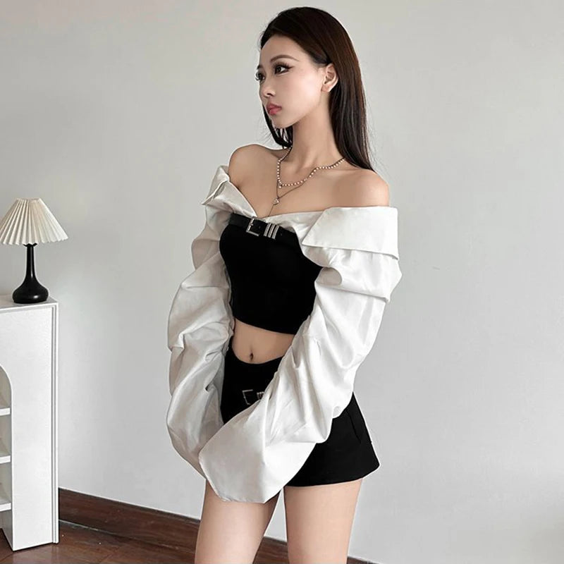 Y2K Off Shoulder Patchwork Crop Top Women Streetwear Long Sleeve