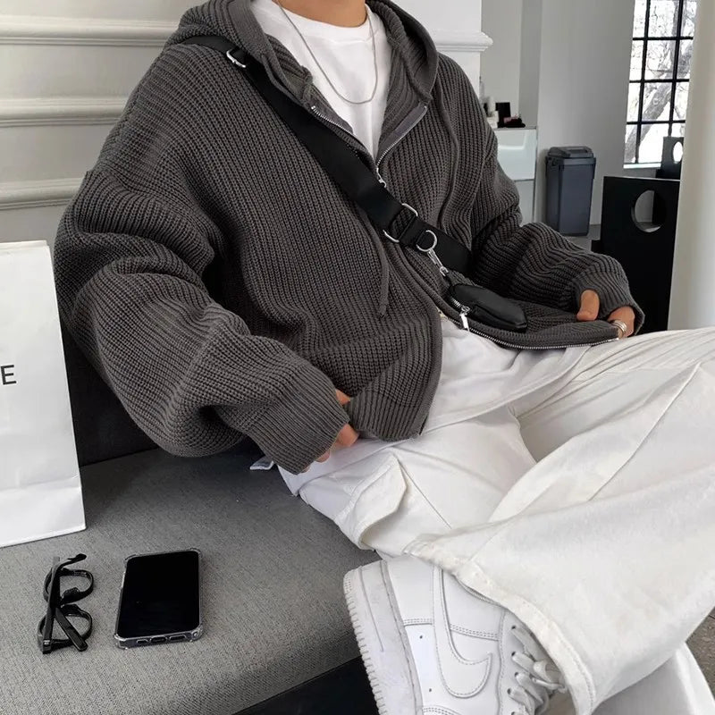 Men’s Knit Hooded Cardigan Sweater – Vintage Loose Fit