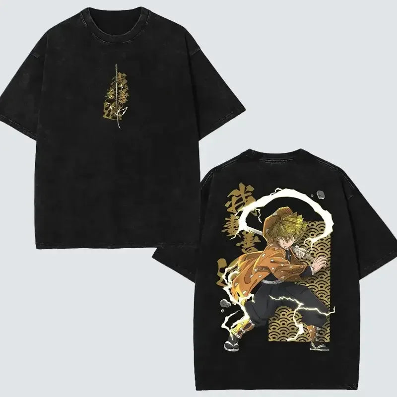 Anime Demon Slayer Zenitsu T-Shirt – Men’s Washed Cotton Harajuku Tee
