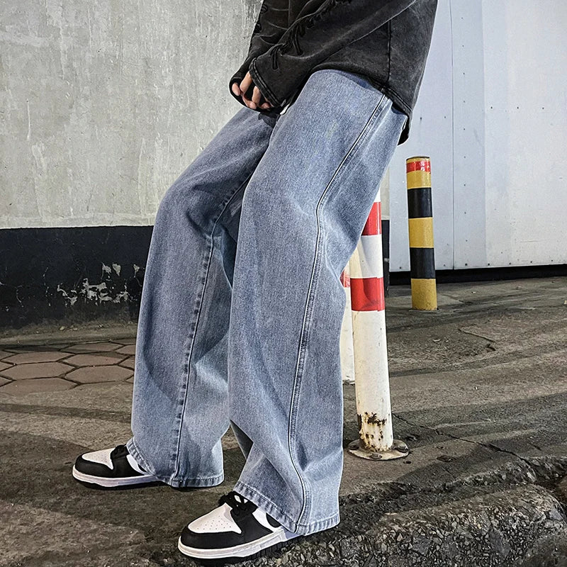 Men’s Loose Straight Jeans – Korean Streetwear Wide-Leg Pants