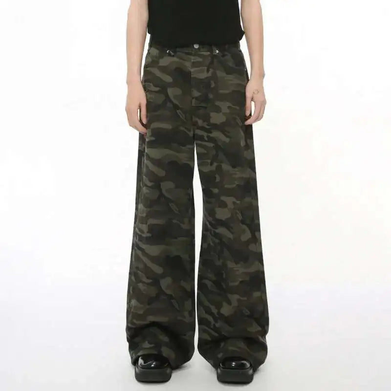 Men’s Vintage Camouflage Wide-Leg Jeans – Washed Loose Denim Pants