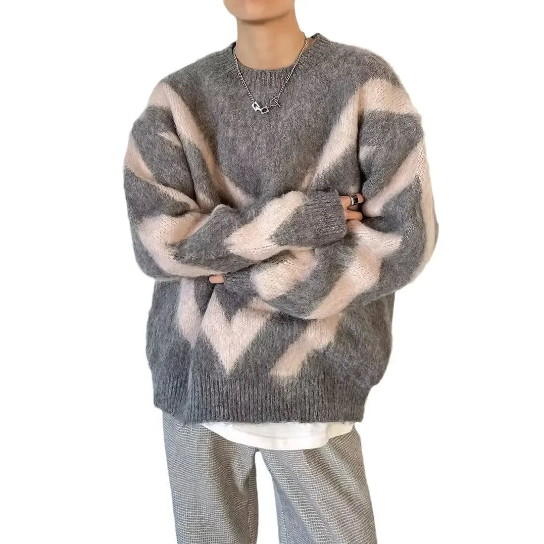 Unisex Color Block Knit Sweater – Thick Loose-Fit Autumn/Winter Pullover