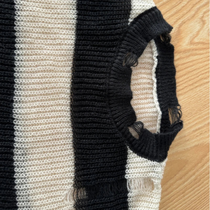 Black Pink Striped Loose Knit Sweater for Women – Spring & Autumn