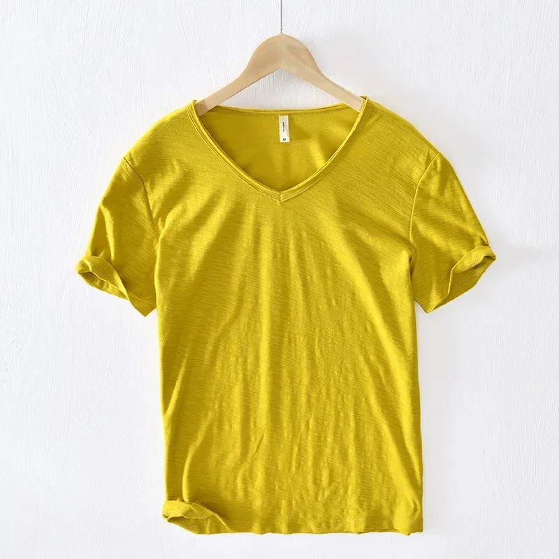 Men’s 100% Cotton V-Neck T-Shirt – Solid Color Casual Short Sleeve