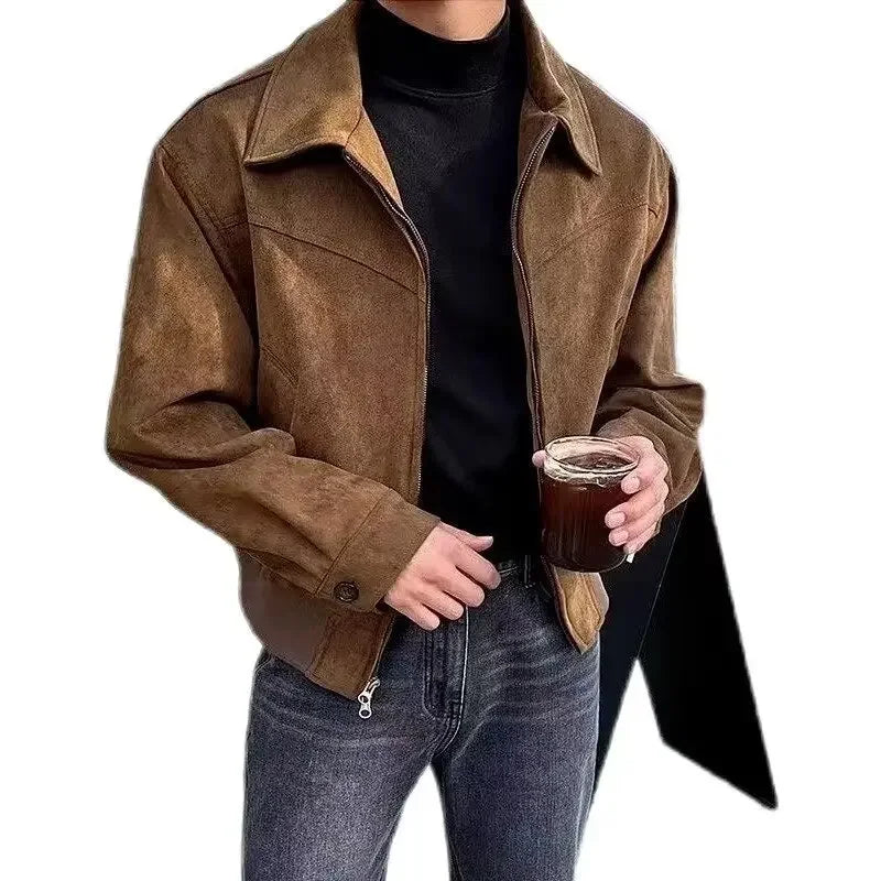 Men’s Vintage Brown Chamois Leather Jacket – Cropped Lapel, Autumn/Winter