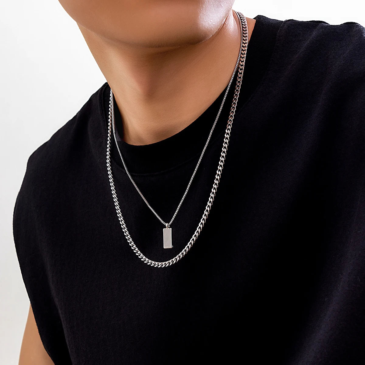 Men Silver Box Chain Necklace Set
