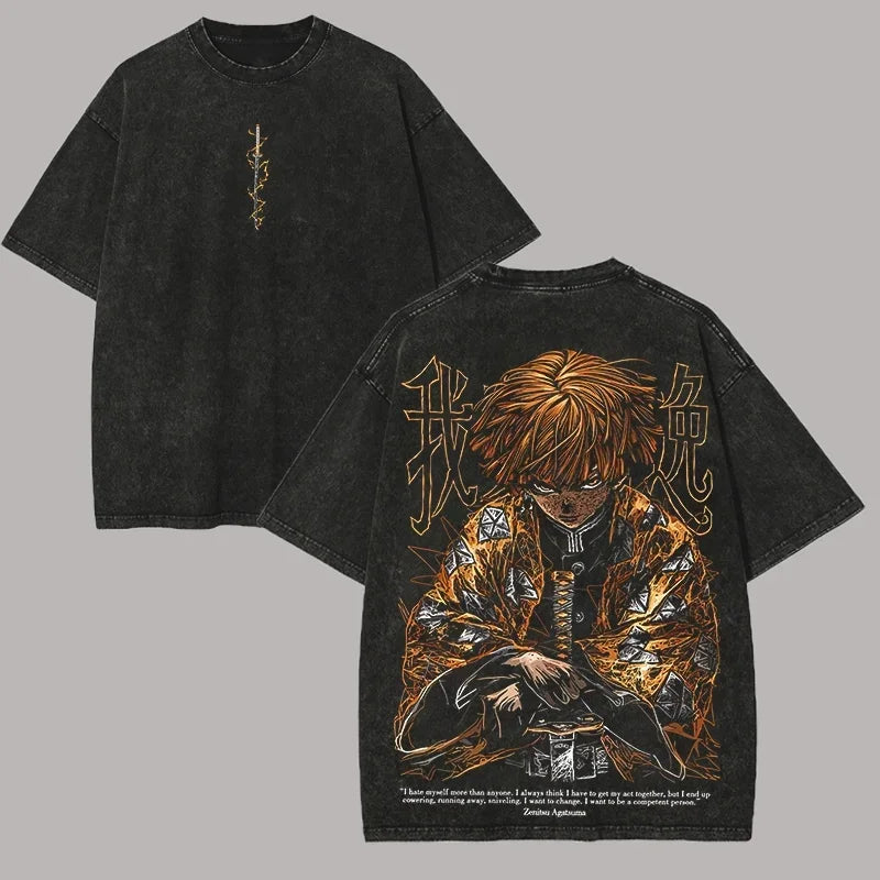 Anime Demon Slayer Zenitsu T-Shirt – Men’s Washed Cotton Harajuku Tee