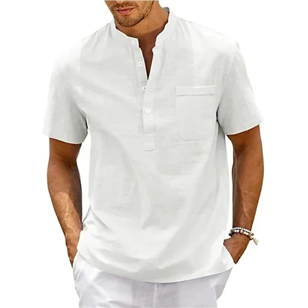 Men Cotton Linen Henley Shirt