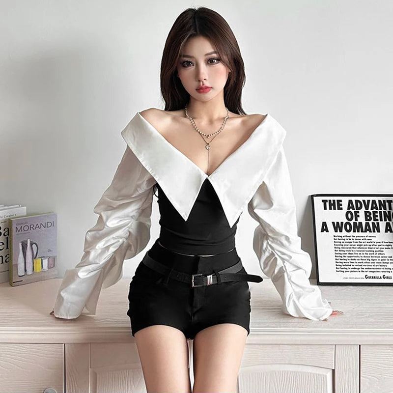 Y2K Off Shoulder Patchwork Crop Top Women Streetwear Long Sleeve