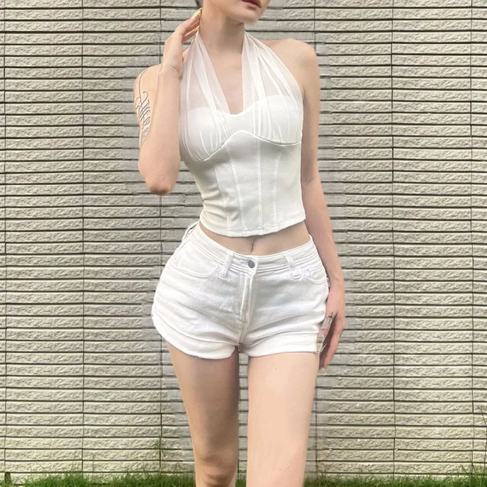 Backless Halter Mesh Crop Top Women Trendy Street Fashion - Lia_Store