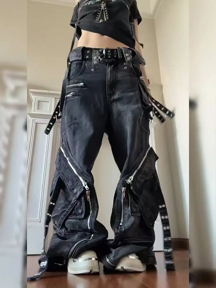 Black Gothic Punk Multi - Pocket Baggy Wide - Leg Jeans – Y2K Vintage Style - Lia_Store