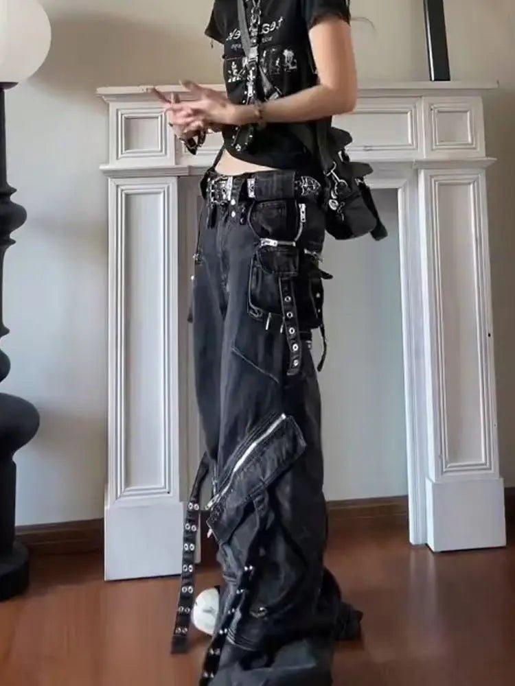 Black Gothic Punk Multi - Pocket Baggy Wide - Leg Jeans – Y2K Vintage Style - Lia_Store