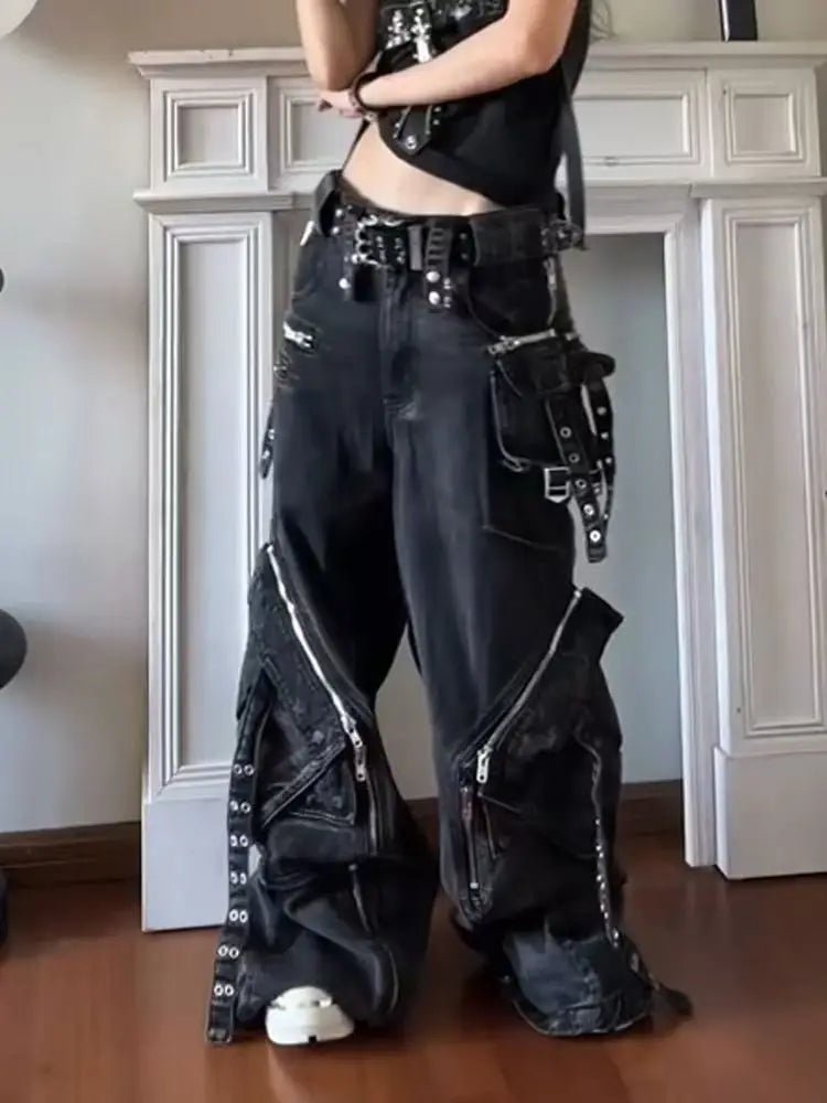 Black Gothic Punk Multi - Pocket Baggy Wide - Leg Jeans – Y2K Vintage Style - Lia_Store